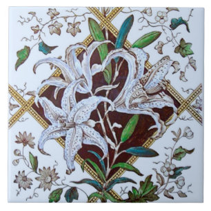 1880-talets Victorian Lilies Transferware Tile Kakelplatta
