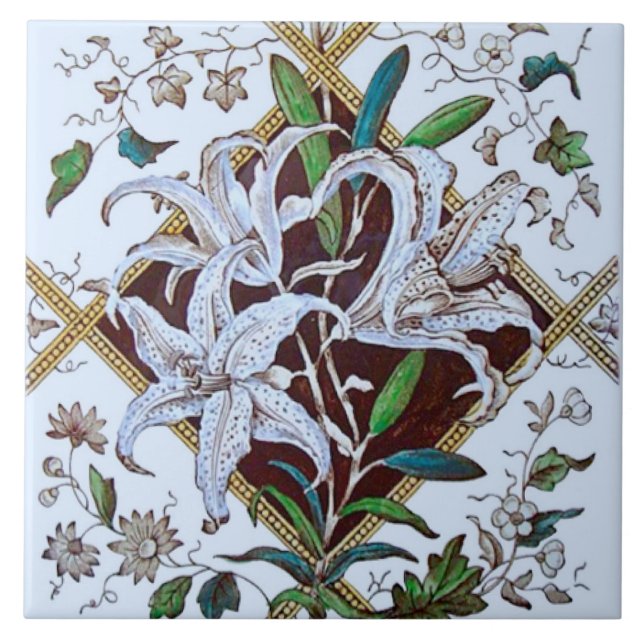 1880-talets Victorian Lilies Transferware Tile Kakelplatta (Framsidan)