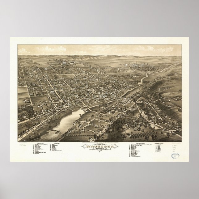 1880 Waukesha, WI Birds Öga View Panoramic Karta Poster (Framsidan)
