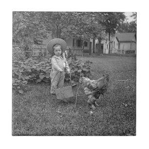 1880's Adful Girl and Tupp Cart in Garden Kakelplatta