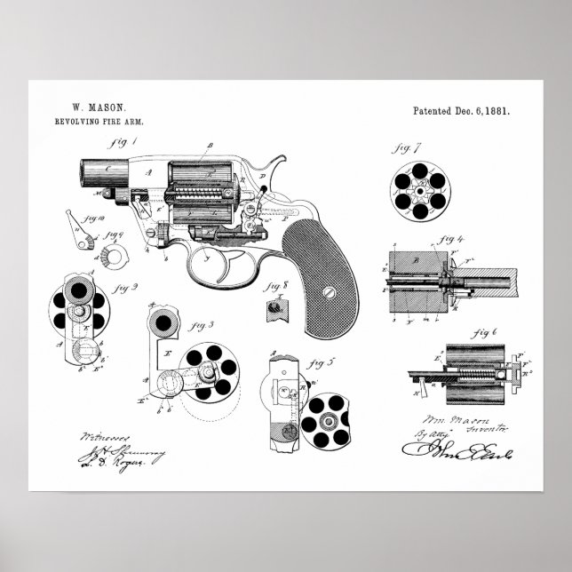 1881 Gun Revolver Patent Art Teckning Skriv ut Poster (Framsidan)