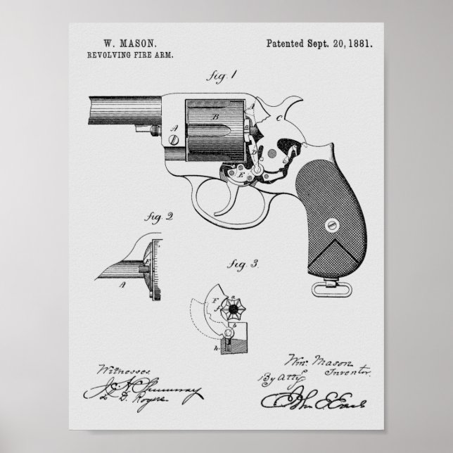 1881 Gun Revolver Patent Art Teckning Skriv ut Poster (Framsidan)