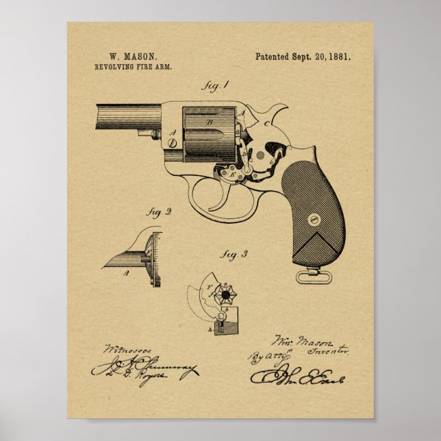 1881 Gun Revolver Patent Art Teckning Skriv ut Poster (Framsidan)