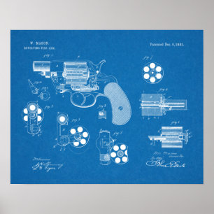 1881 Gun Revolver Patent Art Teckning Skriv ut Poster