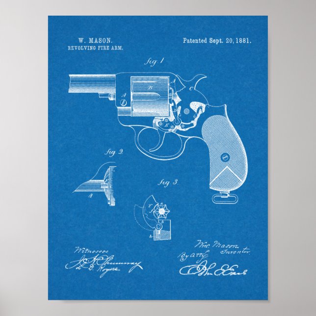 1881 Gun Revolver Patent Art Teckning Skriv ut Poster (Framsidan)