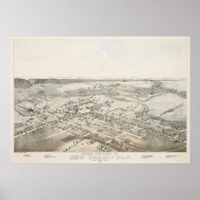 1881 Nya Braunfels TX Birds Öga View Panoramic Kar Poster (Framsidan)