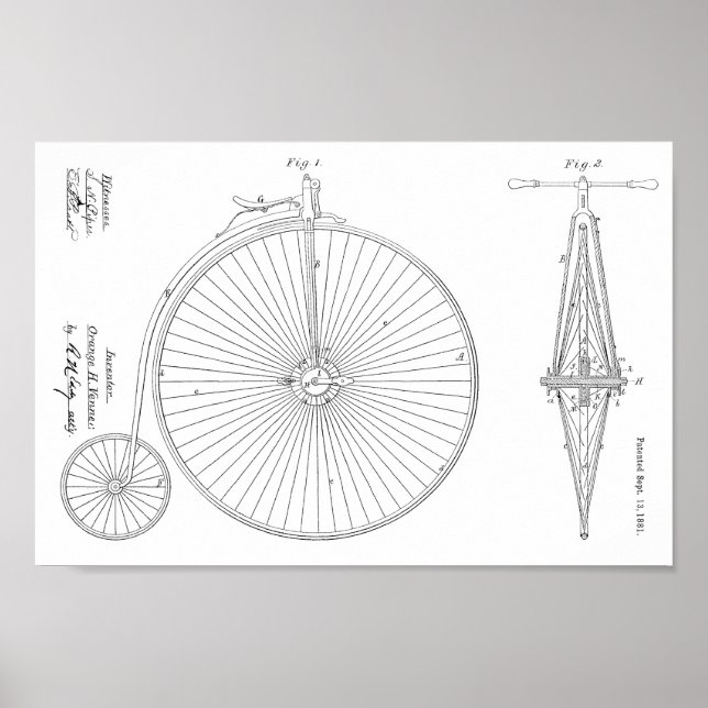 1881 Patent Art-utskrift för höghjulscykeldesign Poster (Framsidan)