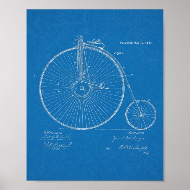 1881 Patent Art-utskrift för höghjulscykeldesign Poster (Framsidan)