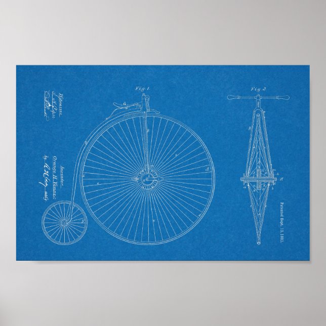 1881 Patent Art-utskrift för höghjulscykeldesign Poster (Framsidan)