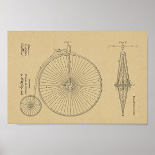 1881 Patent Art-utskrift för höghjulscykeldesign Poster
