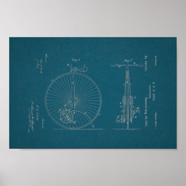 1881 Vintage Cycle Velocipede Patent Print Poster (Framsidan)