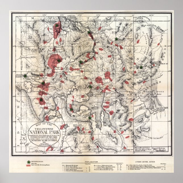 1881 YELLOWSTONE PARK KARTA POSTER (Framsidan)