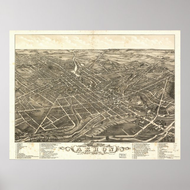 1882 Akron, OH Birds Öga View Panoramic Karta Poster (Framsidan)