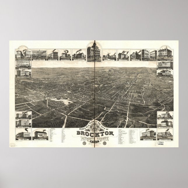 1882 Brockton, MORSA Birds Öga View Panoramic Kart Poster (Framsidan)