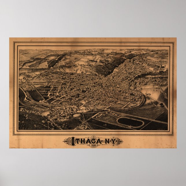 1882 Ithaca, NY Birds Öga View Panoramic Karta Poster (Framsidan)
