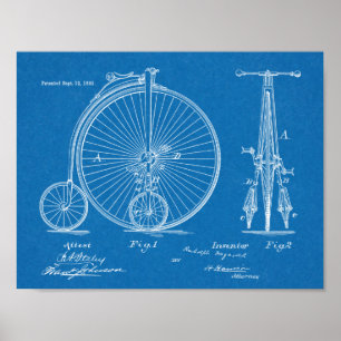 1882 Patent Art-utskrift för höghjulscykeldesign Poster