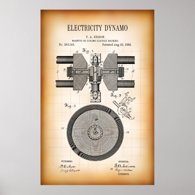 1882 PATENT FÖR ELEKTRICITET DYNAMO POSTER (Framsidan)