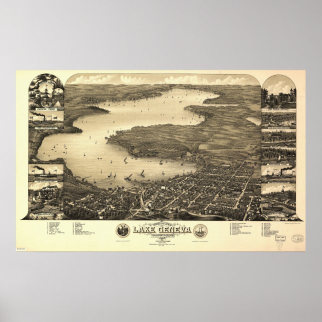 1882 Sjö Genève, WI Birds Öga View Panoramic Karta Poster (Framsidan)