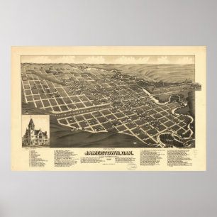 1883 Jamestown, ND-fågelöga beskådar den panora Poster