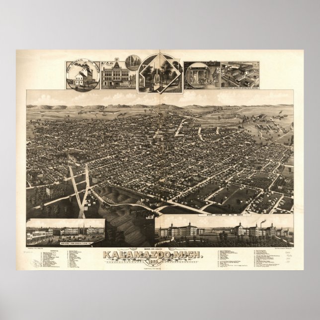 1883 Kalamazoo, MI Birds Öga View Panoramic Karta Poster (Framsidan)