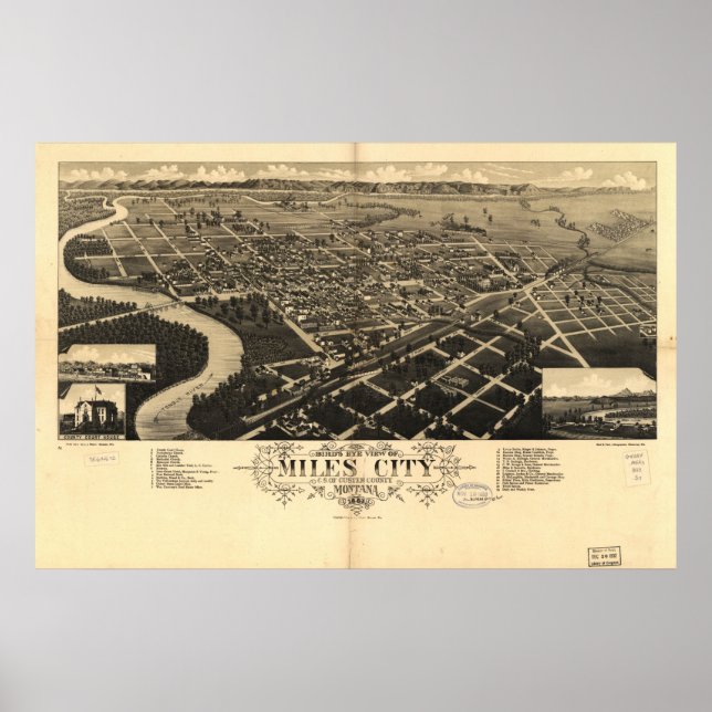 1883 Miles City, MT Birds Öga View Panoramic Karta Poster (Framsidan)
