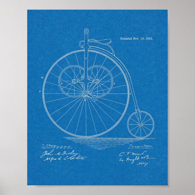 1883 Patent Art-utskrift för höghjulscykeldesign Poster (Framsidan)
