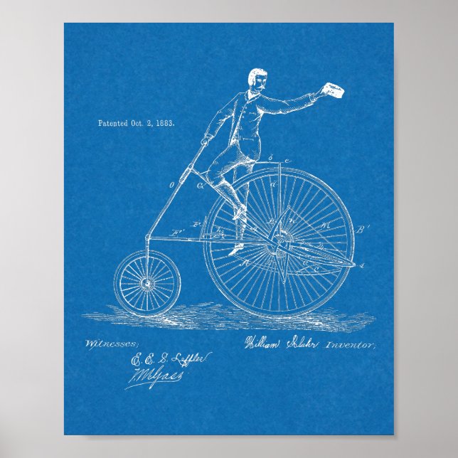 1883 Patent Art-utskrift för höghjulscykeldesign Poster (Framsidan)