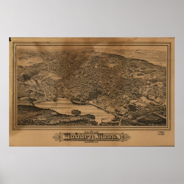 1883 Woburn, MORSA Birds Öga View Panoramic Karta Poster (Framsidan)