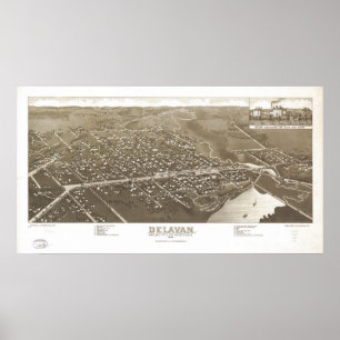 1884 Delavan, WI-fåglar synar den panorama- kartan Poster