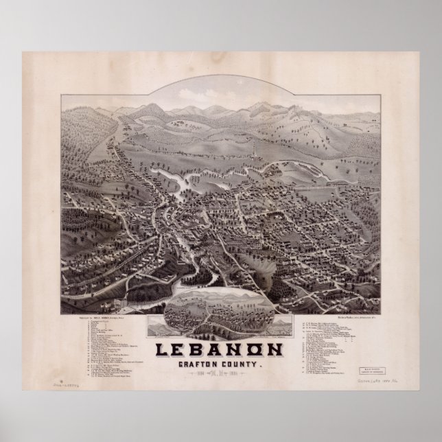 1884 Libanon, NH Birds Öga View Panoramic Karta Poster (Framsidan)