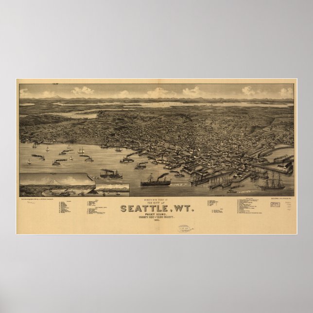 1884 Seattle, WA Birds Öga View Panoramic Karta Poster (Framsidan)