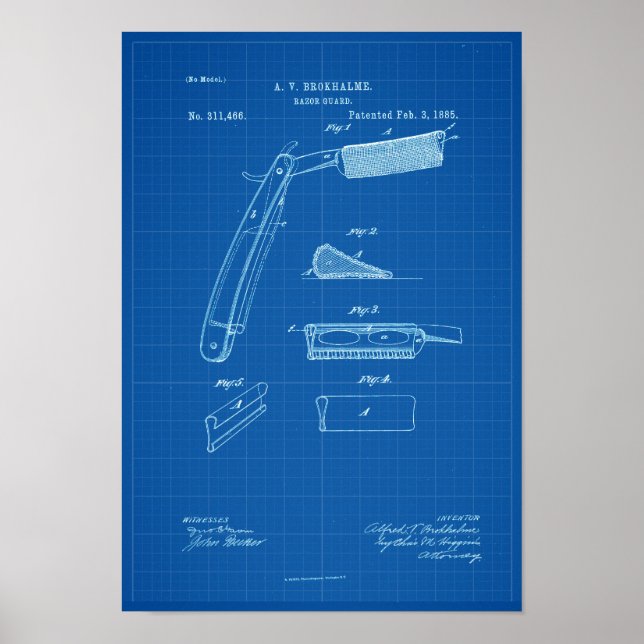 1885 Barber Razor Blueprint Patent Artwork Poster (Framsidan)