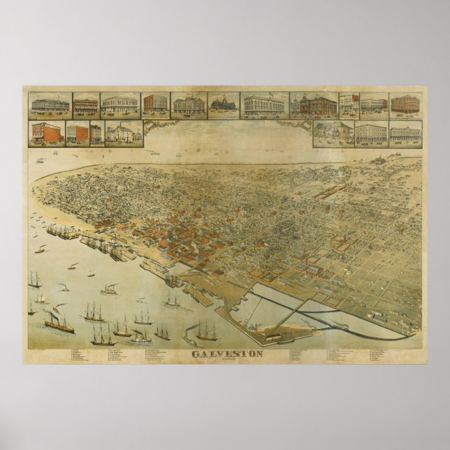 1885 Galveston, TX Birds Öga View Panoramic Karta Poster (Framsidan)