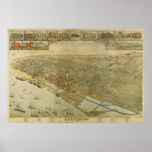 1885 Galveston, TX-fågelöga beskådar den panorama- Poster