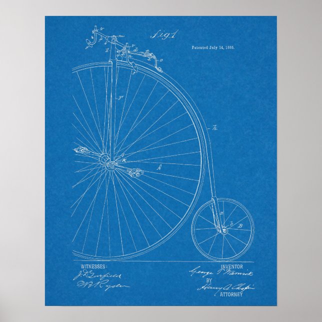 1885 Patent Art-utskrift för höghjulscykeldesign Poster (Framsidan)