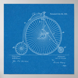 1885 Patent Art-utskrift för höghjulscykeldesign Poster