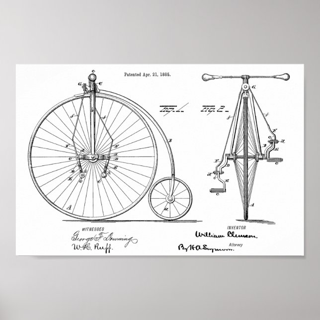1885 Patent Art-utskrift för höghjulscykeldesign Poster (Framsidan)