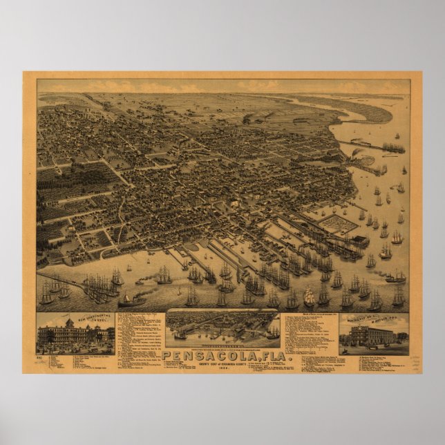 1885 Pensacola, FL Birds Öga View Panoramic Karta Poster (Framsidan)