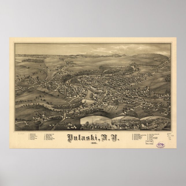 1885 Pulaski, NY Birds Öga View Panoramic Karta Poster (Framsidan)