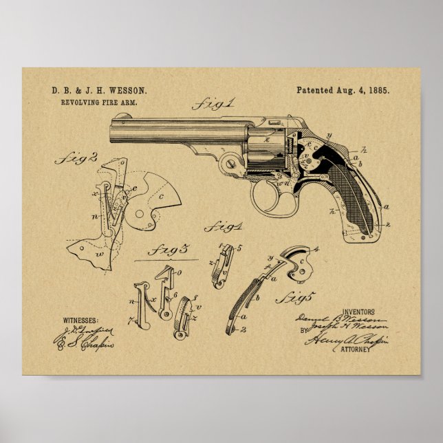 1885 Wesson Gun Patent Art Teckning Skriv ut Poster (Framsidan)