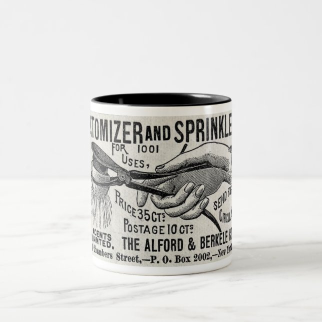 1886 ATOMIZER/SPRINKLER-REKLAM Två-Tonad MUGG (Center)