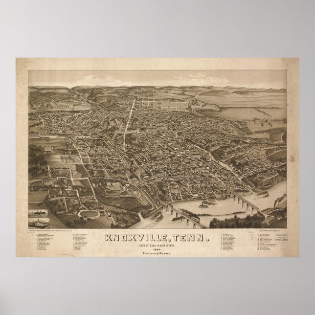 1886 Knoxville, TN Birds Öga View Panoramic Karta Poster (Framsidan)