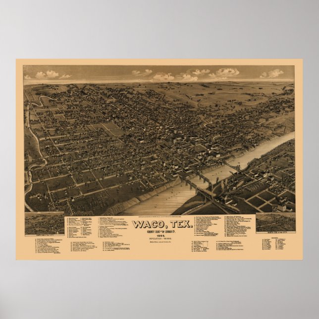 1886 Panoramic Karta Birds Öga View of Waco, TX Poster (Framsidan)