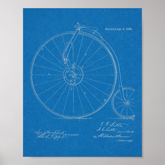 1886 Patent Art-utskrift för höghjulscykeldesign Poster (Framsidan)