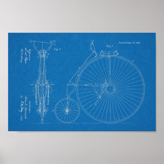 1886 Patent Art-utskrift för höghjulscykeldesign Poster (Framsidan)