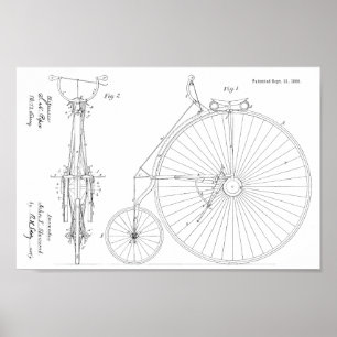 1886 Patent Art-utskrift för höghjulscykeldesign Poster