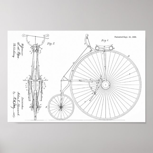 1886 Patent Art-utskrift för höghjulscykeldesign Poster (Framsidan)
