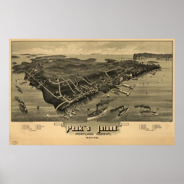 1886 Peak's Island Portland, ME Panoramic Karta Poster (Framsidan)