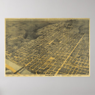 1887 Austin, TX-fågel öga beskådar den panorama Poster