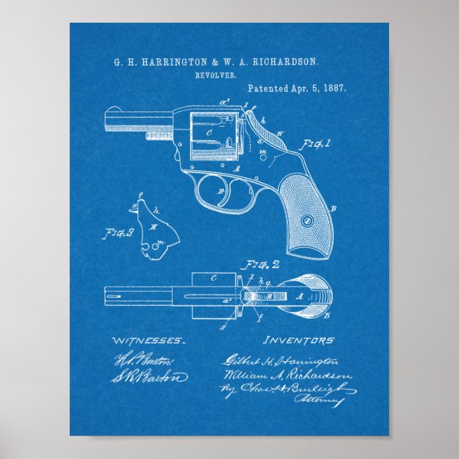1887 Gun Revolver Patent Art Teckning Skriv ut Poster (Framsidan)
